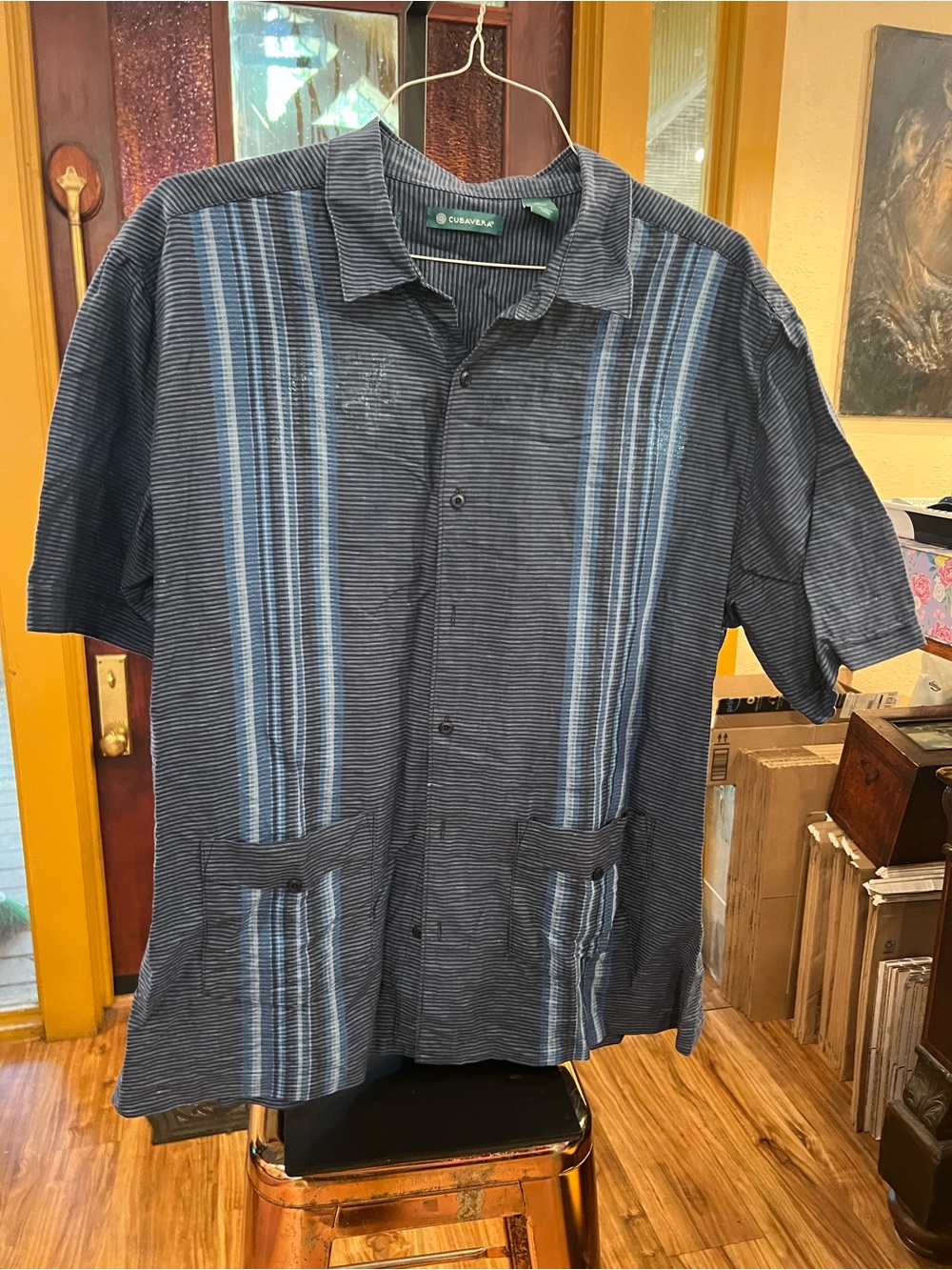 Cubavera Navy and Light Blue Vertical Stripe Cuban Shirt